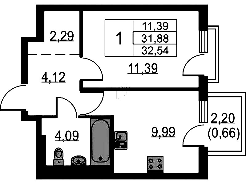1-комнатная квартира 32.54 м², 14/15 эт., ЖК «Невская Долина»